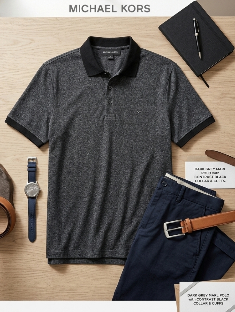 Michael Kors Menswear Short Sleeve Neutral Gray Black Polo Shirt Top